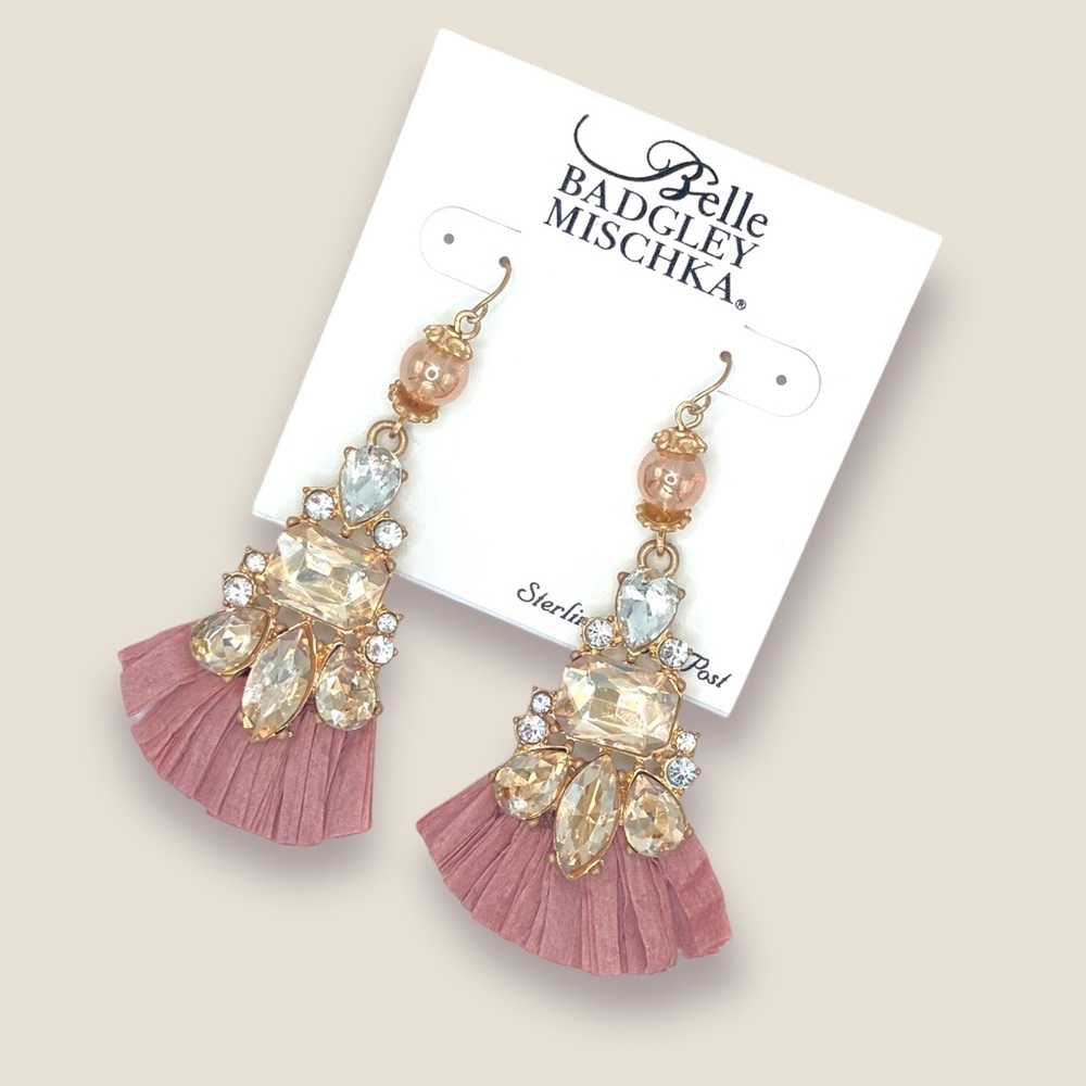 NEW Badgley Mishka Gold Fan Mix Crystal Statement Chandelier Boho Earrings Pink